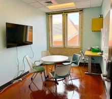 A view from the door of a small group study space