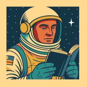 Graphic of an anstronaut reading a book