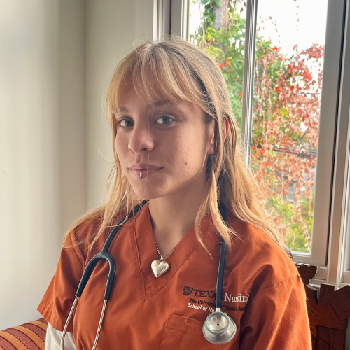 Close-up of Roxanne in scrubs with stethoscope